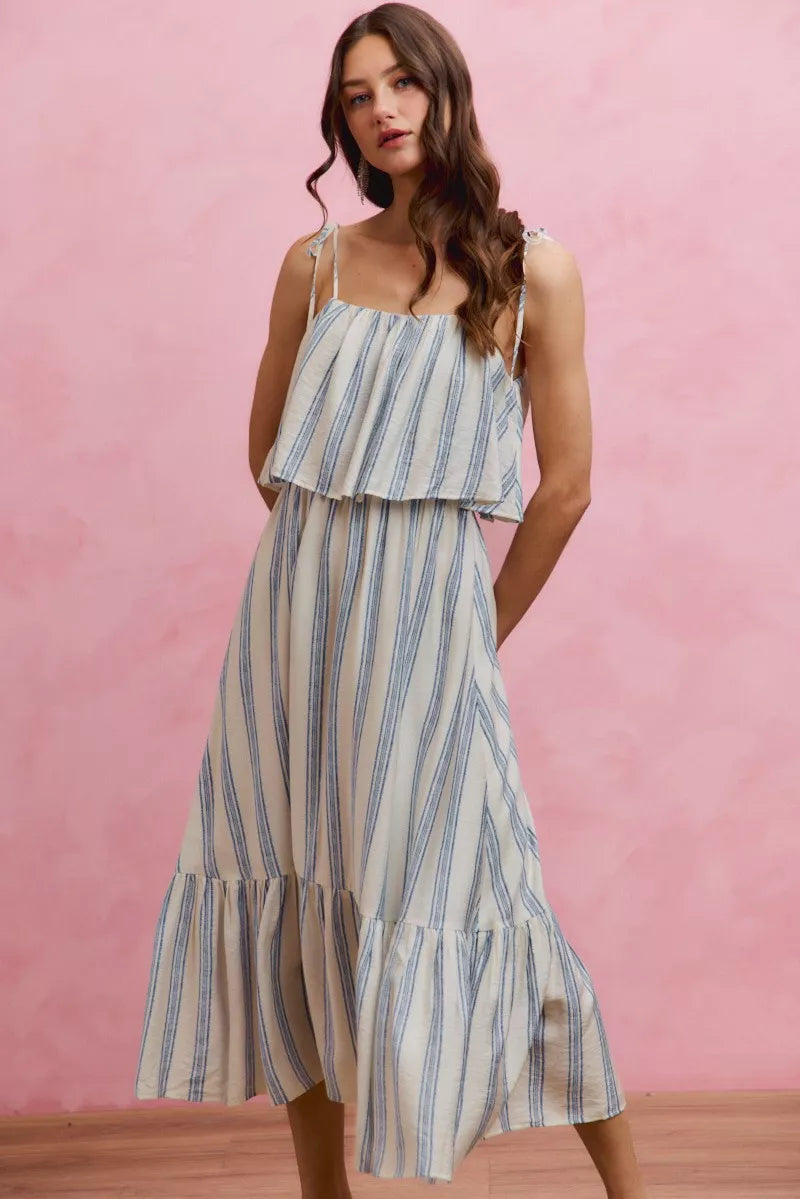 Stripe Tiered Shoulder Tie Midi Lined Dress | Boutique In USA, Dresses, $ 59.00, A Moment Of Now™