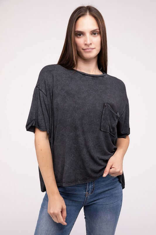 Washed Ribbed Cuffed Short Sleeve Round Neck Top, ZENANA, $ 32.95