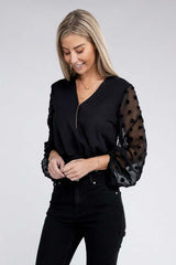 Shop Women's Black V Neck Wrap Sheer Bishop Sleeves Bodysuit, Bodysuits, USA Boutique