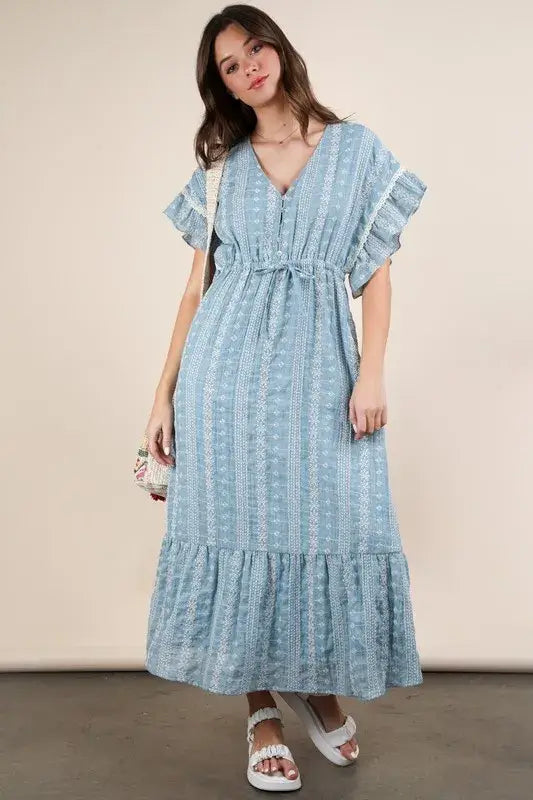 Blue Embroidered Boho Ruffled Midi Dress - Effortless Style, Dresses, $ 55.00, A Moment Of Now™