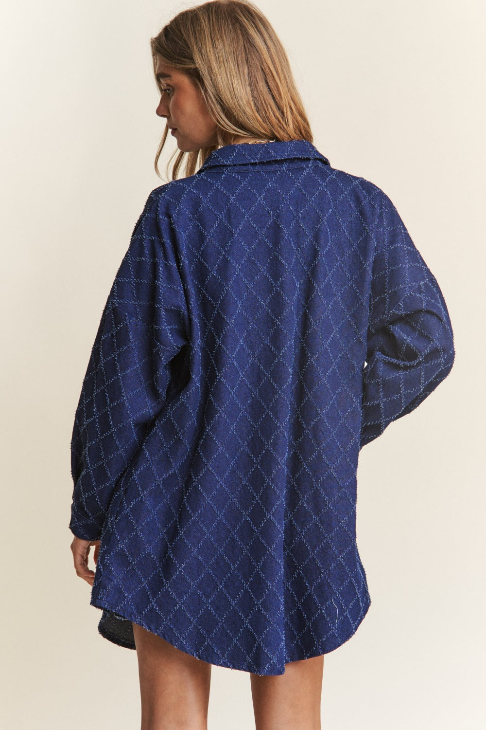 Dark Blue Rhombus Stitched Button Up Denim Shacket