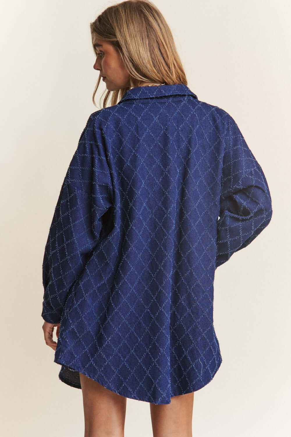 Dark Blue Rhombus Stitched Button Up Denim Shacket - Style Up, Shackets, $ 59.00, A Moment Of Now™