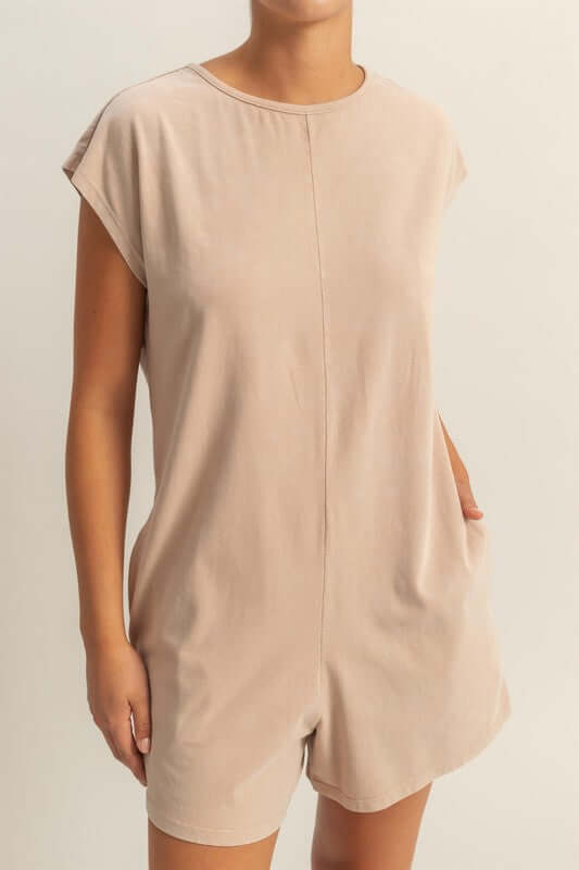 Tan Round Neck Cap Sleeve Romper - Breezy Comfort, Rompers, $ 44.00, A Moment Of Now™