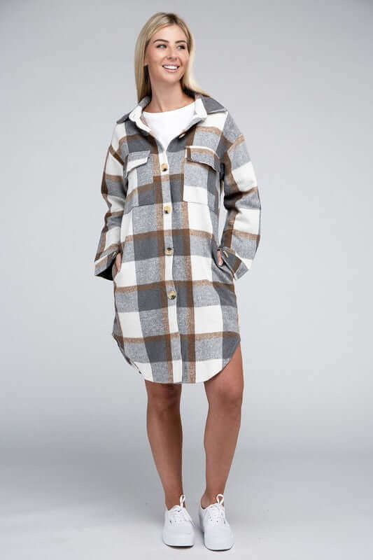 Grey White Plaid Flap Pocket Drop Shoulder Long Shirt, Nuvi Apparel, $ 48.95