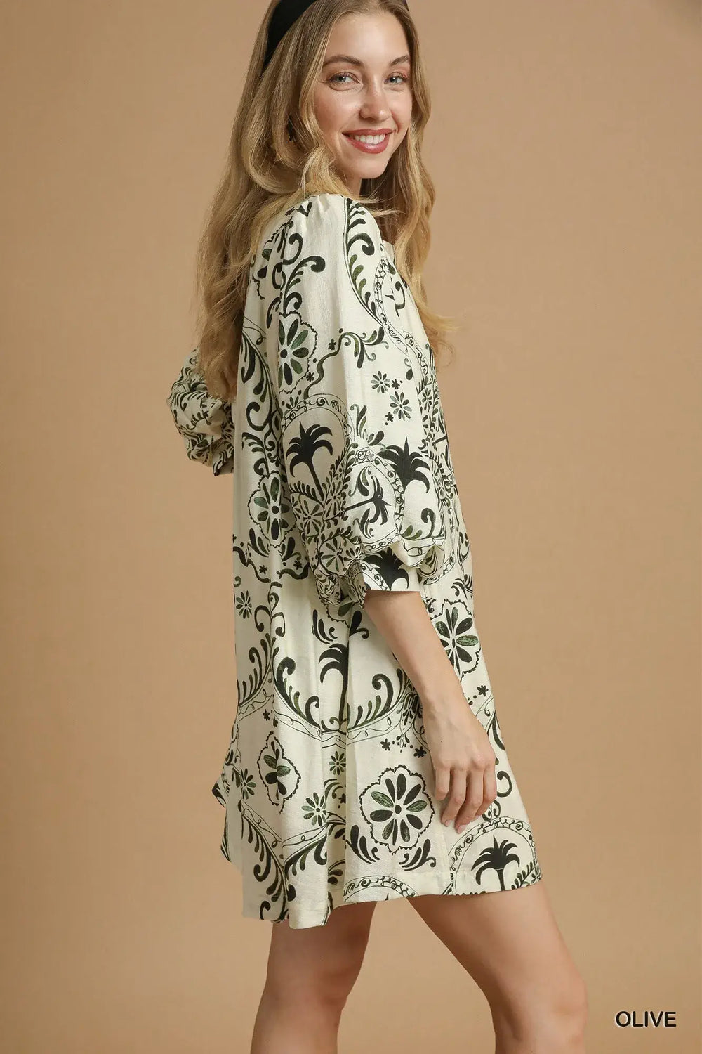 Olive Green Boho Printed Balloon Sleeve Mini Dress, Dresses, $ 62.00, A Moment Of Now™