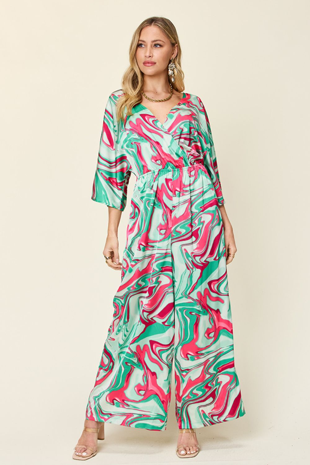 Green Red Abstract Print Half Sleeve Wide Leg Jumpsuit
