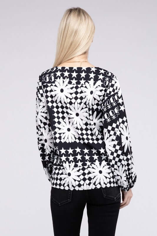 Shop Women's Black & White Floral Print V Neck Lantern Sleeve Blouse, Tops, USA Boutique