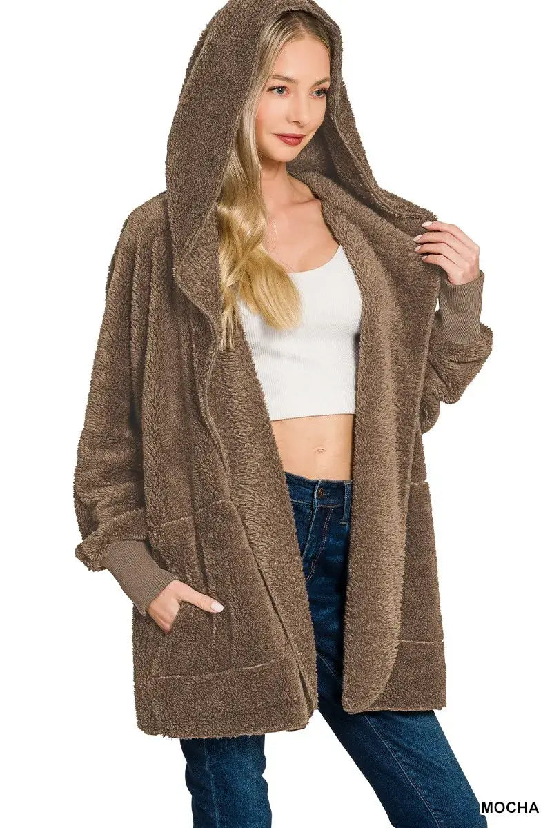 Mocha Brown Faux Fur Hooded Jacket with Pockets, Jackets, $ 40.00, A Moment Of Now™