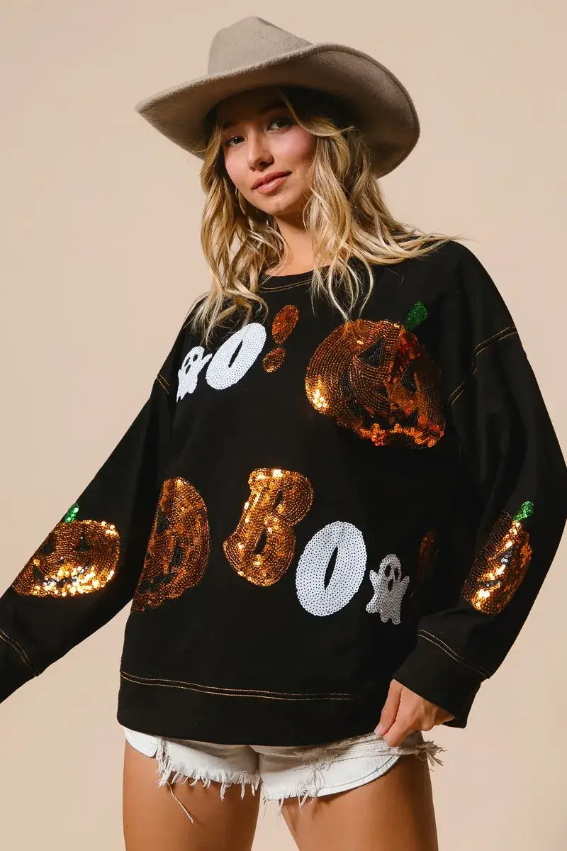 Black Halloween Sequin Embroidery Sweatshirt, Sweatshirts, $ 62.00, A Moment Of Now™