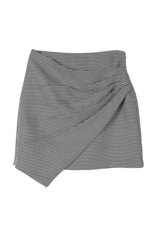 Black Hound Tooth Checkers Shirred Wrap Skirt