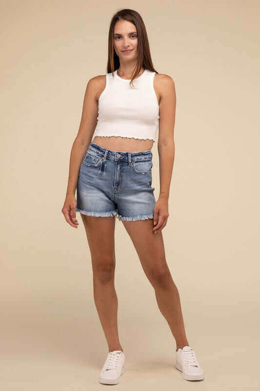 Medium Stone Wash Blue Mid Rise Raw Frayed Hem Denim Shorts, ZENANA, $ 45.00