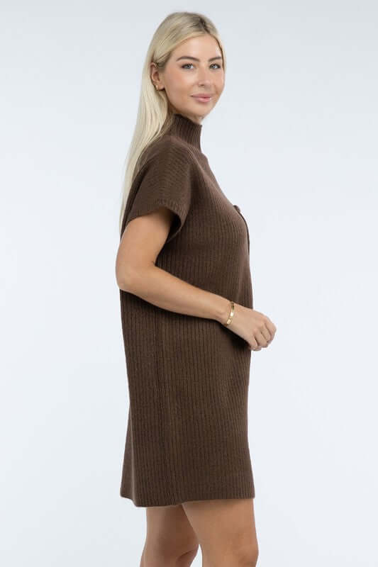 Women's Mock Neck Short Sleeve Mini Sweater Dress with Pocket, ZENANA, $ 55.00