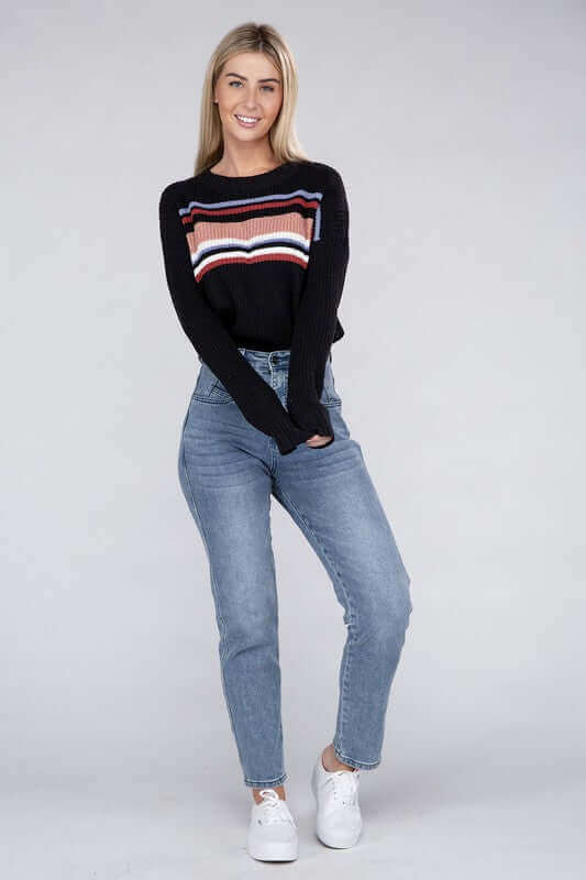 Women's Everyday Strip Pullover Crop Sweater | USA Boutique Clothing, Ambiance Apparel, $ 22.00