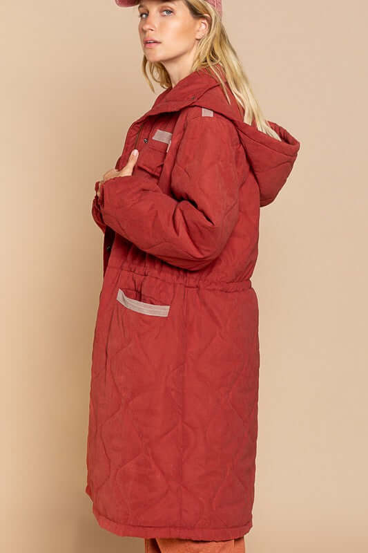 Shop Wiomen's Red Quilted Long Padded Jacket With Hoodie | Boutique Shop, Coats, USA Boutique