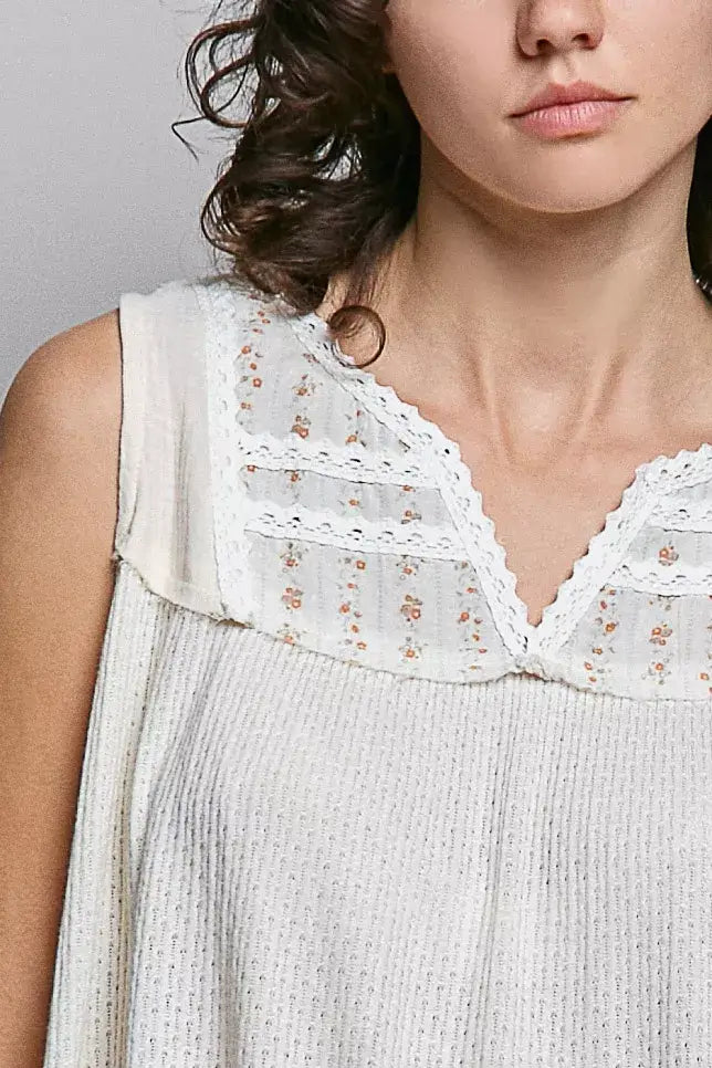 Off White Lace Detail Double Gauze Patch Sleeveless Top Boho Fashion, Tank Tops, $ 59.00, A Moment Of Now™