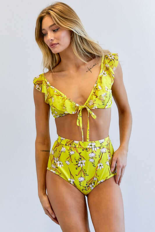 Yellow Floral Printed Swimwear 2 Pieces Set, Davi & Dani, $ 46.95