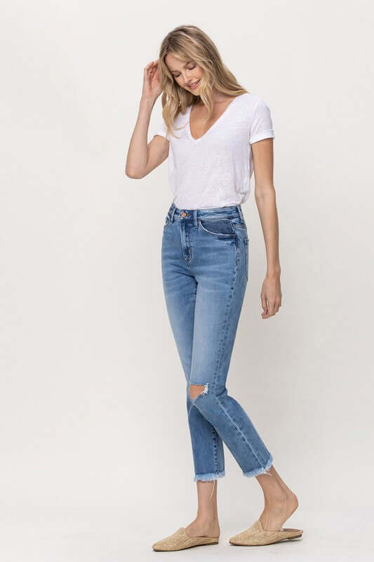 Shop Blatanly Blue Knee Slit Frey Hem Crop Straight Jeans For Women, Jeans, USA Boutique