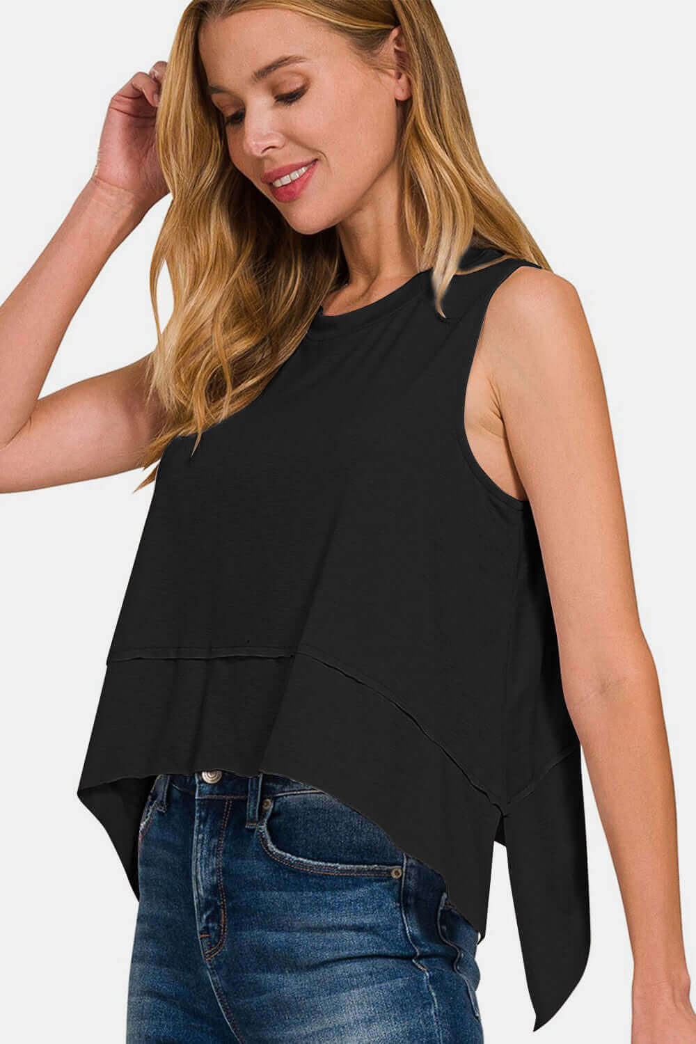 Black Exposed Seam Slit Round Neck Tank Top, Zenana, A Moment Of Now