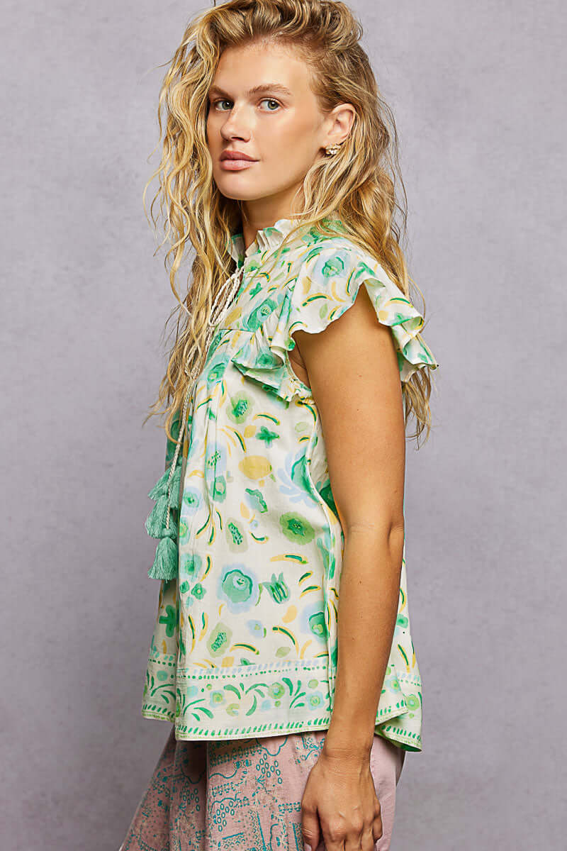Mint Green Floral Flutter Sleeve Blouse | Tassel Tie Neck, Blouses, $ 60.00, A Moment Of Now™