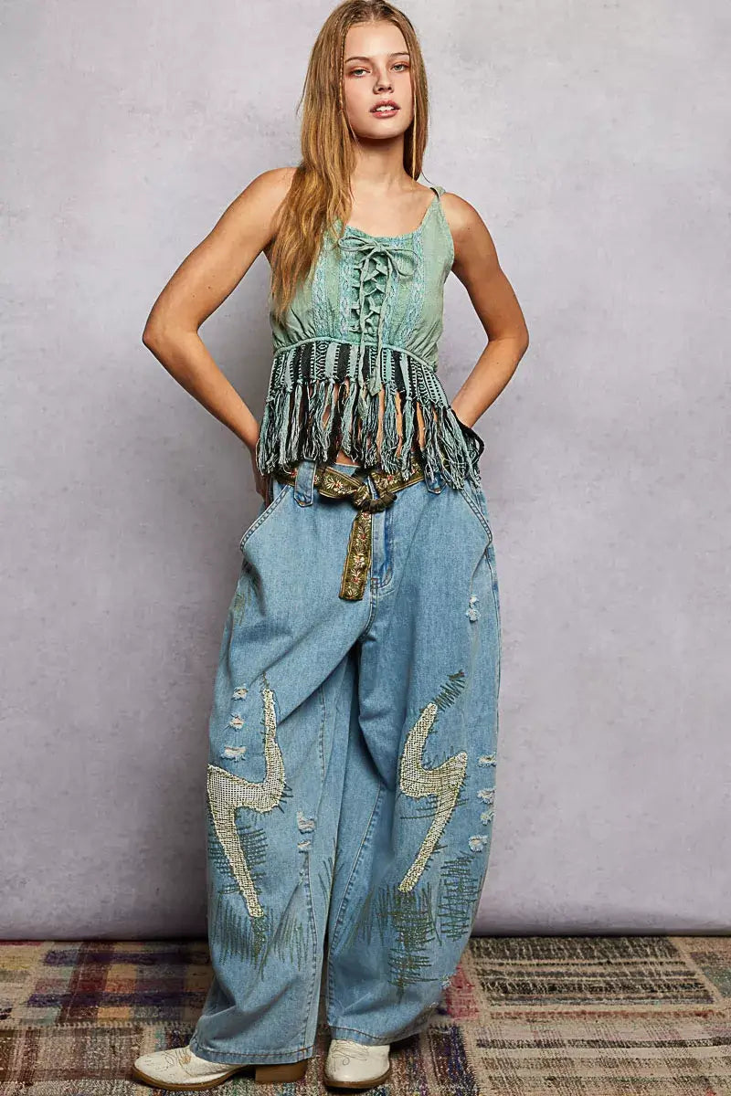 Sage Lace-Up Fringe Hem Tank with Lace Detail Boho Fashion Clothing, Tank Tops, $ 47.00, A Moment Of Now™