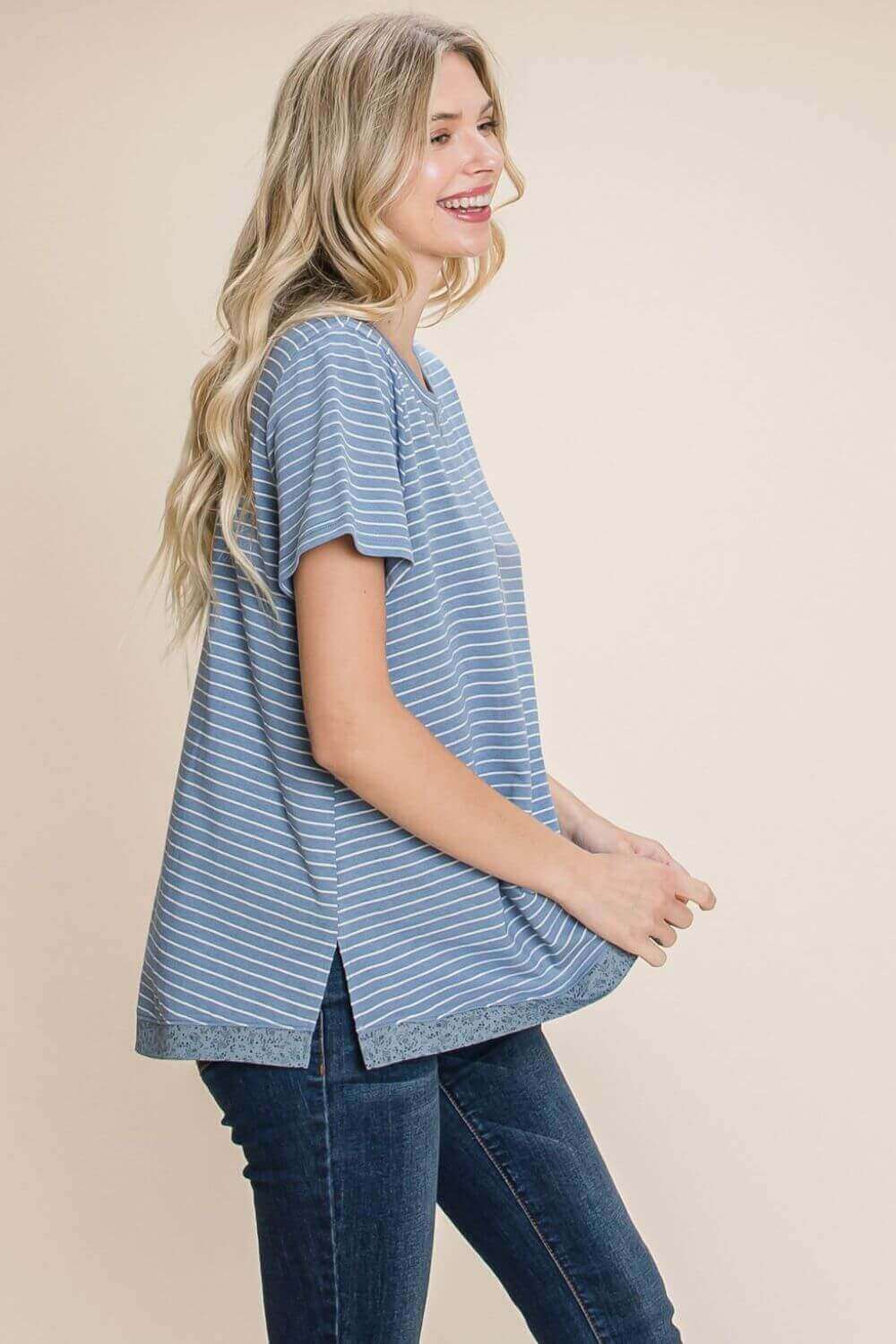 Blue and White Slit Striped Notched Short Sleeve T-Shirt Top, Tops, $ 25.00, A Moment Of Now™