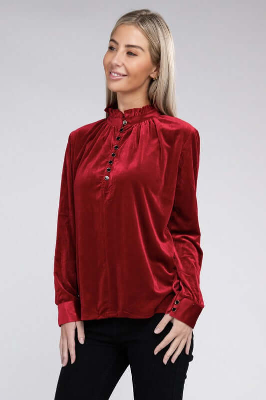 Shop Women's Frill Notched Neckline Long Sleeve Red Velvet Blouse, Blouses, USA Boutique
