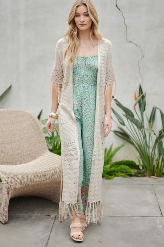 Women's 3/4 Sleeve Solid Long Cardigan With Fringe | USA Boutique, Davi & Dani, $ 59.00