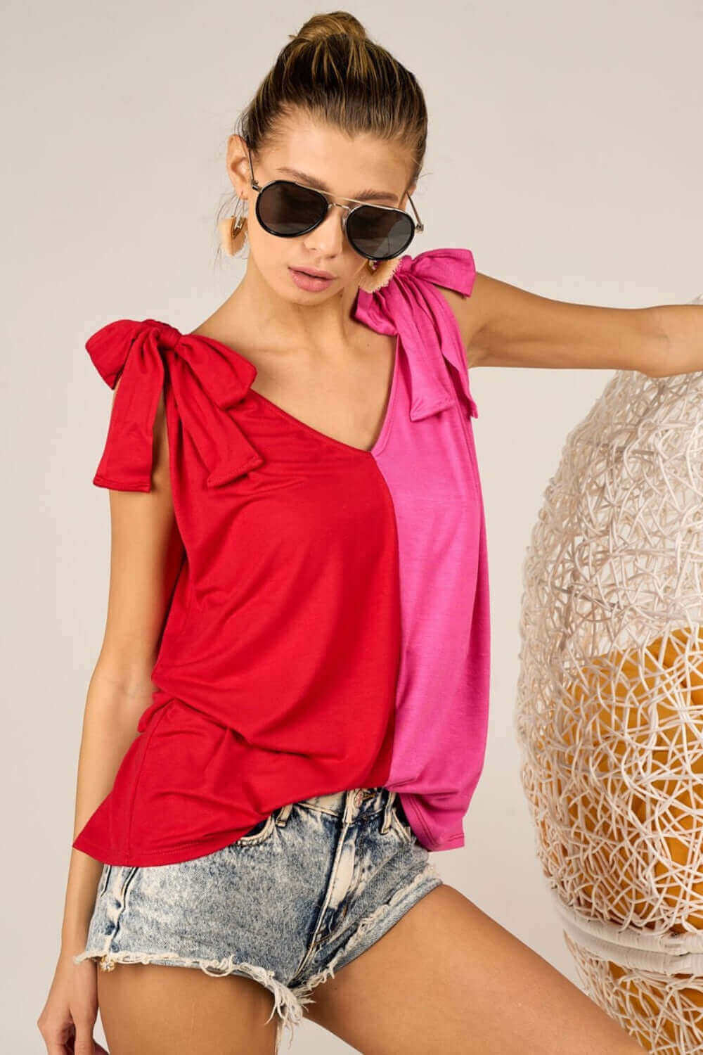 Red Shoulder Ribbon Tied Contrast Tank Top, BiBi, $ 35.00