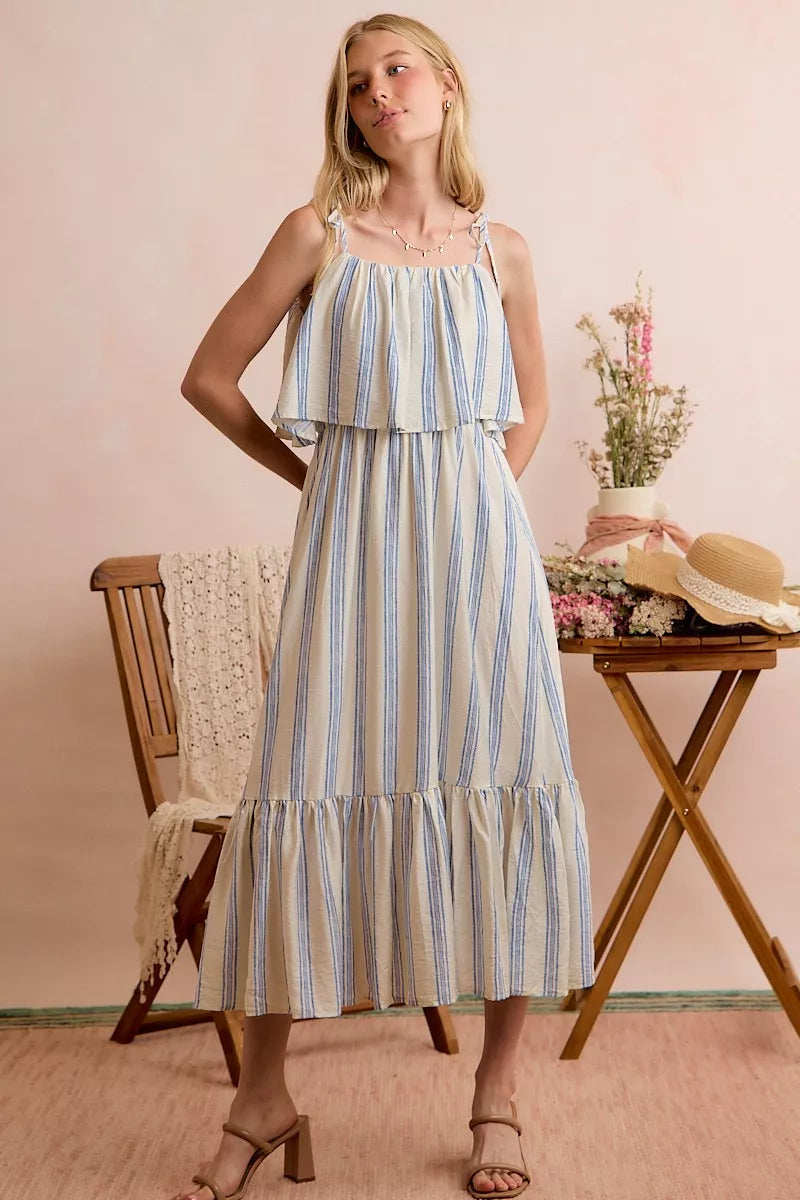 Stripe Tiered Shoulder Tie Midi Lined Dress | Boutique In USA, Dresses, $ 59.00, A Moment Of Now™