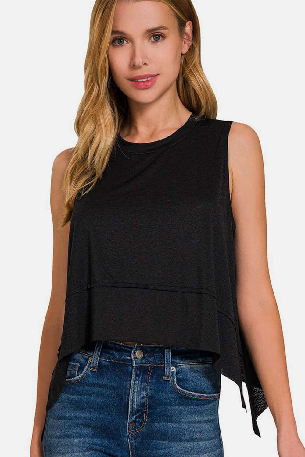 Black Exposed Seam Slit Round Neck Tank Top, Zenana, A Moment Of Now