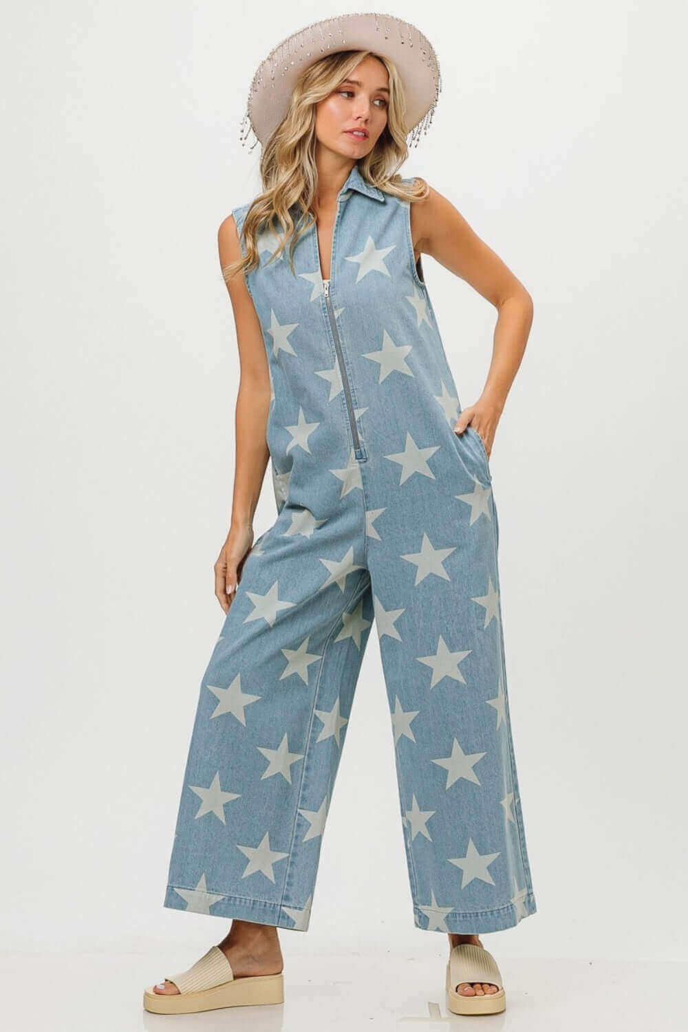 Blue Star Print Half Zip Sleeveless Denim Jumpsuit, BiBi, A Moment Of Now