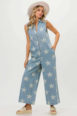 Blue Star Print Half Zip Sleeveless Denim Jumpsuit, BiBi, A Moment Of Now