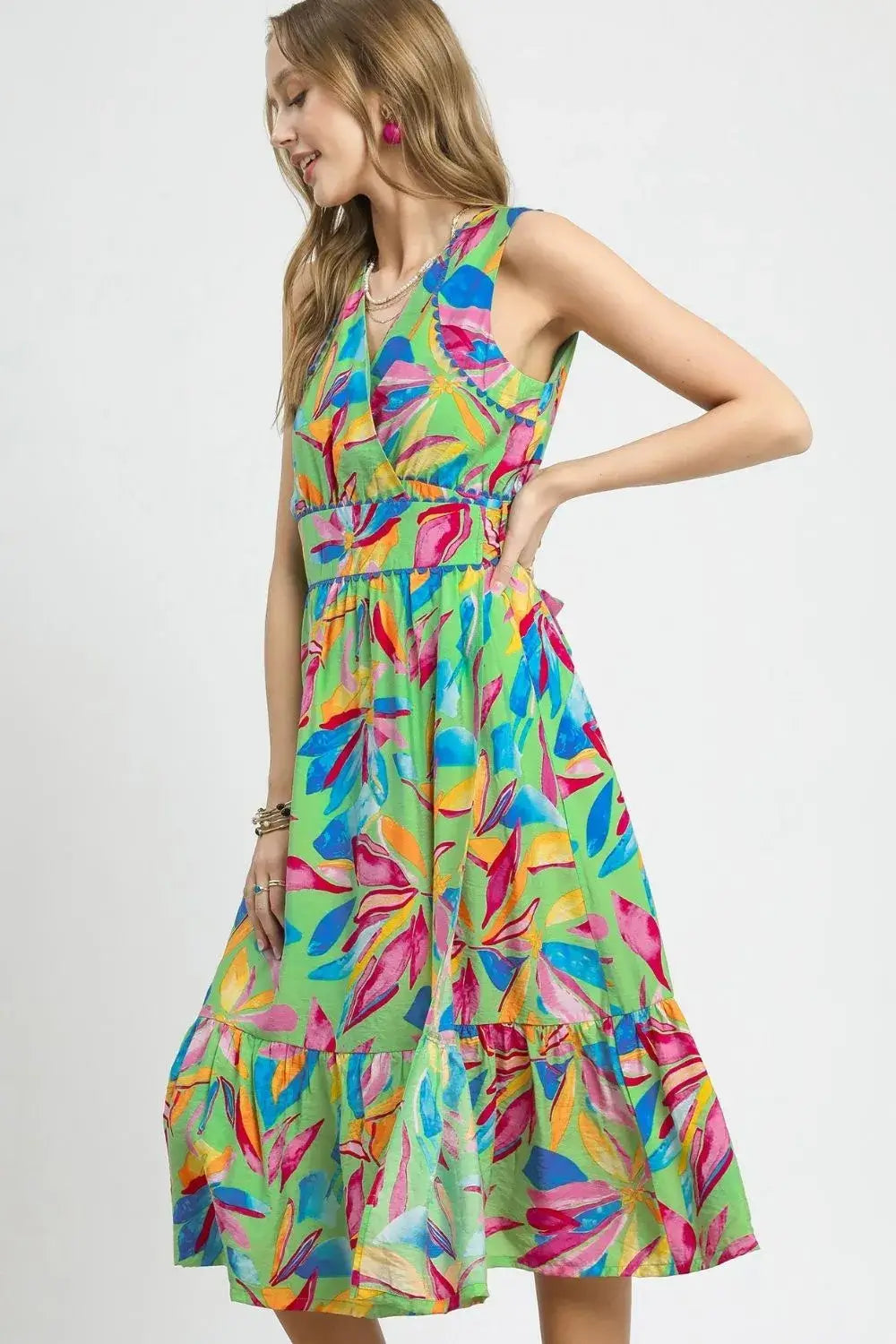 Green Ruffled Hem Printed Sleeveless Midi Dress, Dresses, $ 75.00, A Moment Of Now™