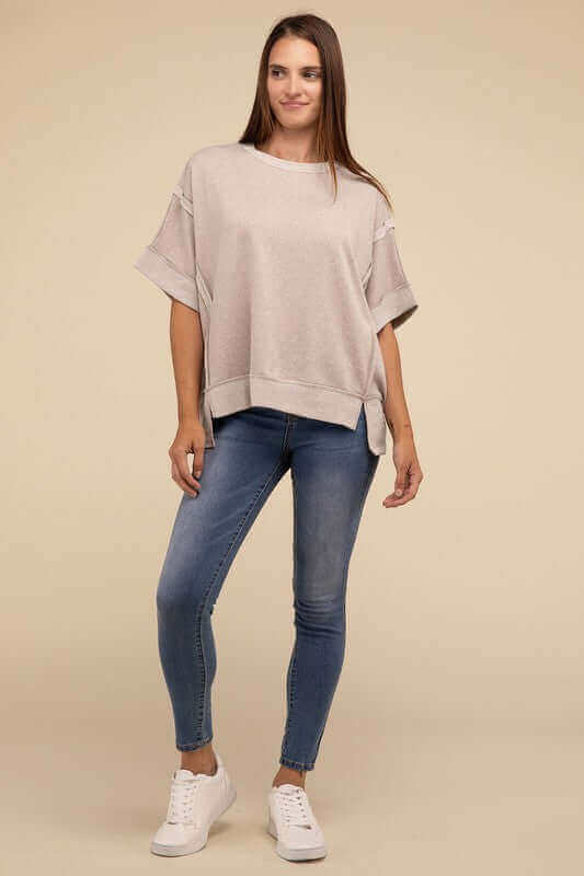 Contrast Trim Top Stitching Drop Shoulder Top, ZENANA, $ 35.95