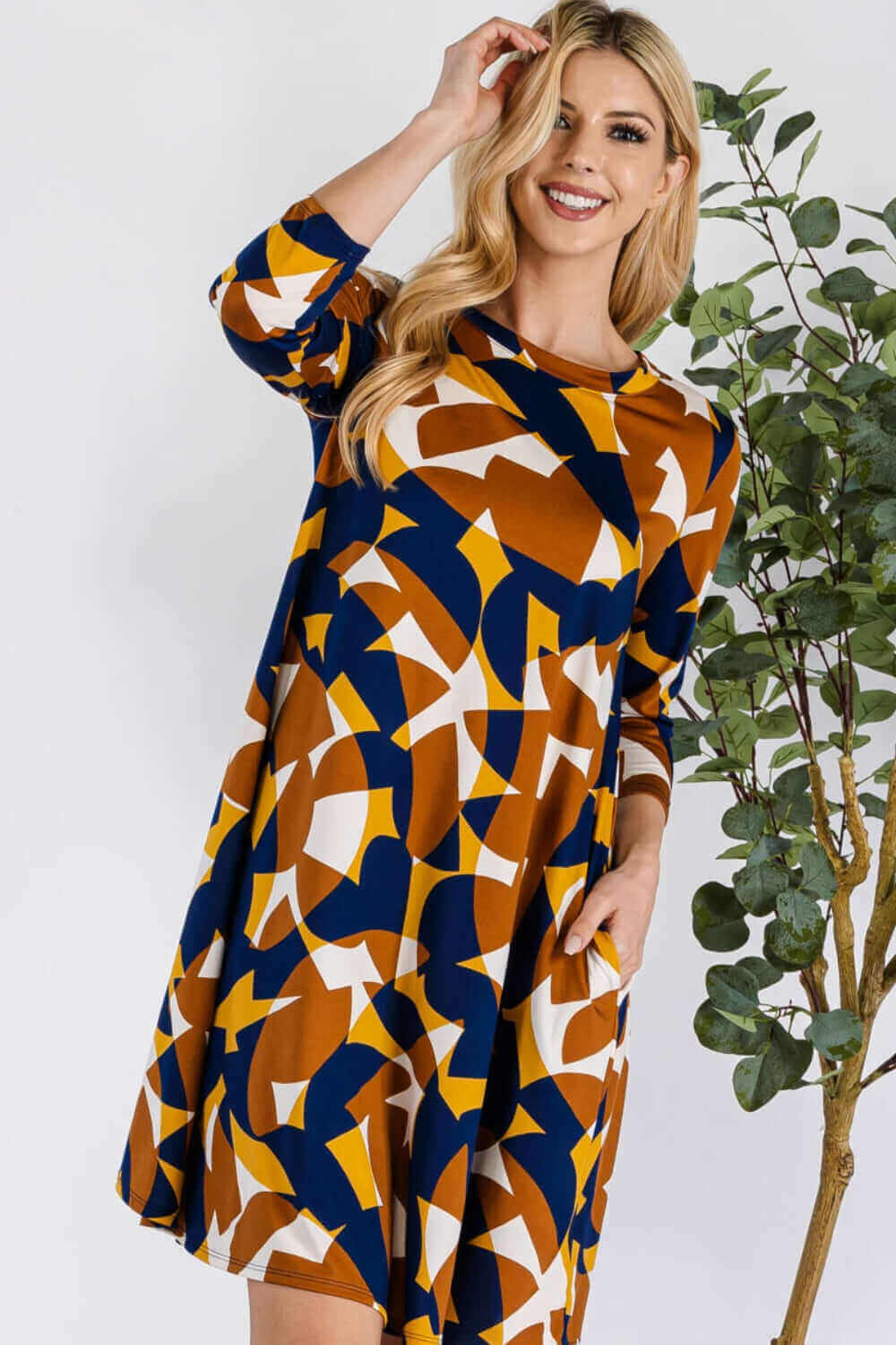 Brown Blue GeometricLong Sleeve Dress with Pockets, Celeste, $ 45.00