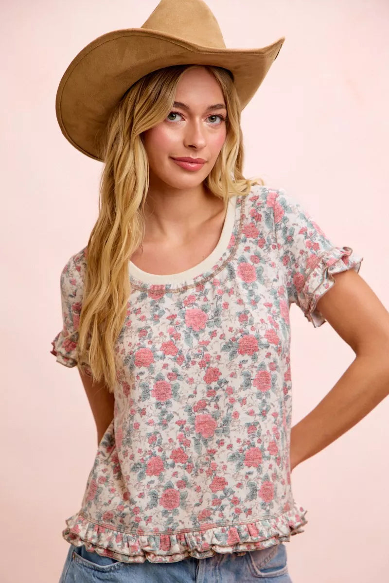 Rose Printed Slub Knit Ruffled Sleeves Top | Boutique In USA, Blouses, $ 39.00, A Moment Of Now™