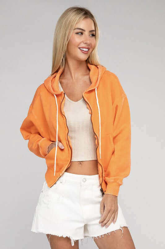 Acid Wash Fleece Cropped Zip-Up Hoodie, ZENANA, $ 49.95