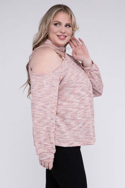 Plus Size Cute Pink Cold Shoulder Chain Decor Top