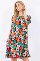 Black Floral Three-Quarter Sleeve Midi Dress with Pockets, Celeste, A Moment Of Now