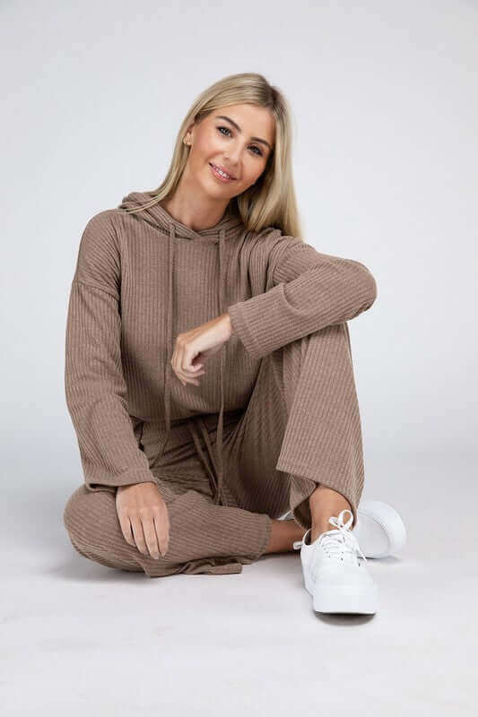 Beige Plus Size Textured Hoodie Top and Pants Set, Nuvi Apparel, $ 48.95