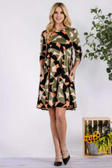 Olive Geometric Round Neck Dress with Pockets, Celeste, $ 49.00