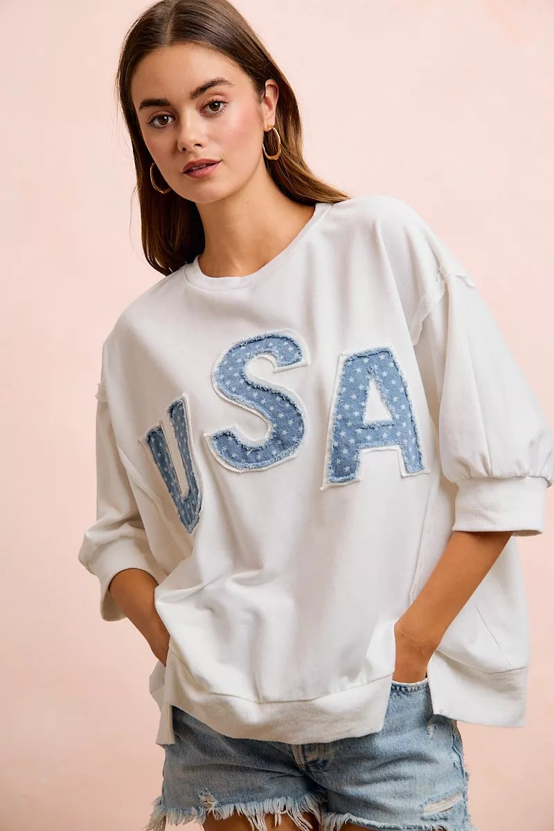 BiBi 4th Of July Usa Letter Patchwork French Terry Top, Tops, $ 60.00, A Moment Of Now™