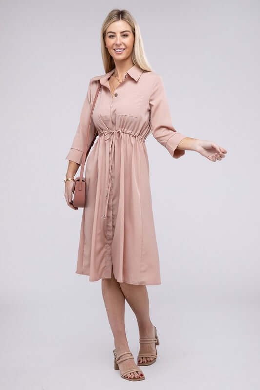 Shop Rosy Pink Collared Drawstring Waist Shirt Dress, Dresses, USA Boutique
