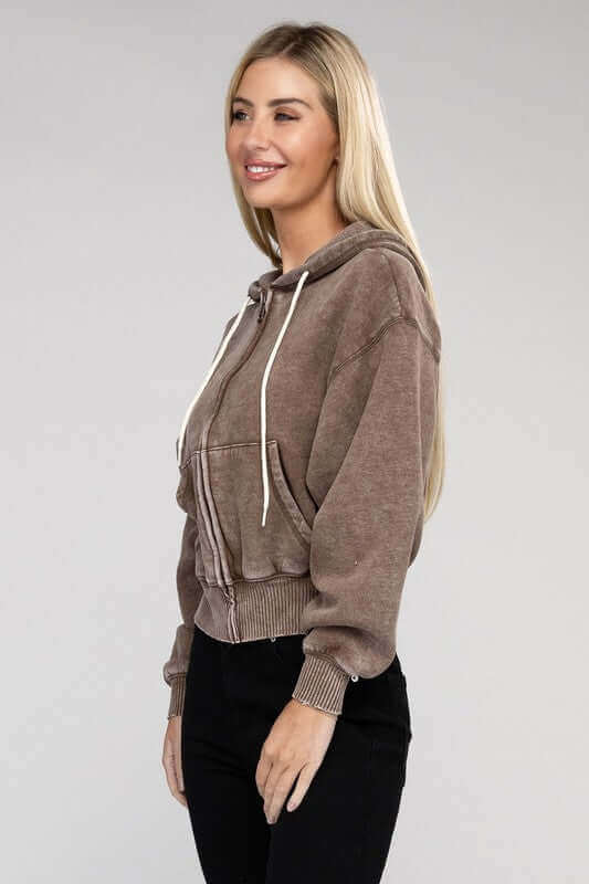 Acid Wash Fleece Cropped Zip-Up Hoodie, ZENANA, $ 49.95