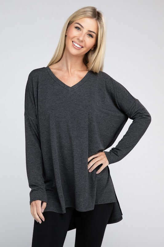 Dolman Long Sleeve V-Neck Side Slit Hi-Low Hem Top, ZENANA, $ 19.00