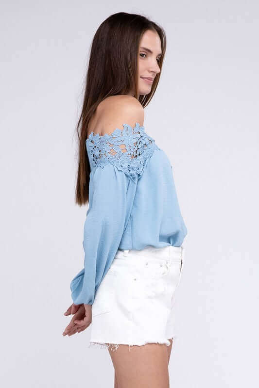 Sky Blue Lace Patchwork off-Shoulder Blouse, Nuvi Apparel, $ 38.70