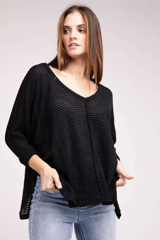 3/4 Sleeve V-Neck Hi-Low Hem Jacquard Sweater, ZENANA, $ 24.95