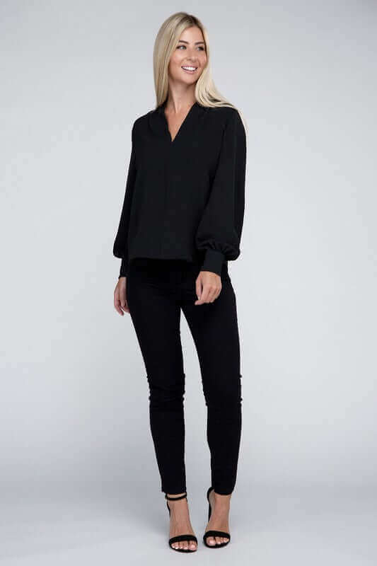 Woven Airflow V-Neck Long Sleeve Top, ZENANA, $ 26.95