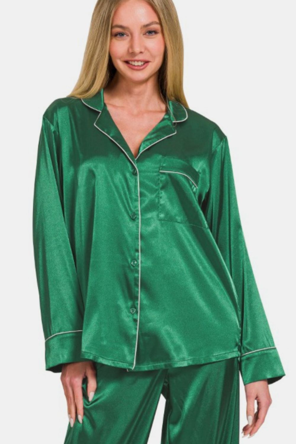 Hunter Green Satin Long Sleeve Shirt and Pants Pajama Set