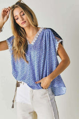 Printed Lace V-Neck Short Sleeve Loose Top, Davi & Dani, $ 49.00